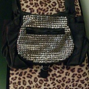 Silver studded cross body black leather purse